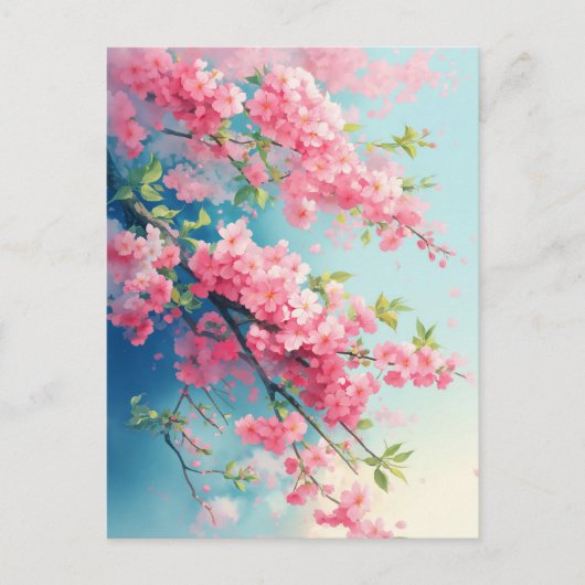 Pink Cherry Blossom Branches in Blue Sky ポストカード (正面)