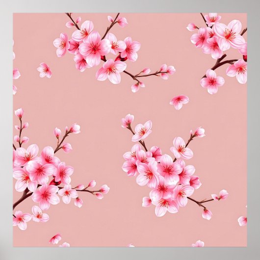 Pink Cherry Blossom Branches Pattern ポスター (正面)