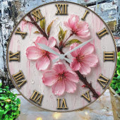 Pink Cherry Blossom Elegant Sakura Floral Decor ラージ壁時計