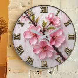 Pink Cherry Blossom Elegant Sakura Floral Decor ラージ壁時計
