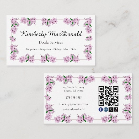Pink Cherry Blossom Floral Doula Services QR code 名刺 (正面/裏面)