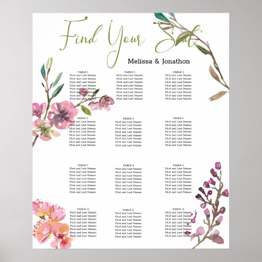 Pink Cherry Blossom Floral Wedding Seating Chart ポスター (正面)