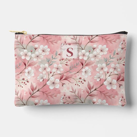 Pink cherry blossom monogram アクセサリーポーチ (正面)