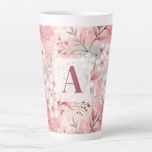 Pink cherry blossom monogram カフェラテマグ (正面)