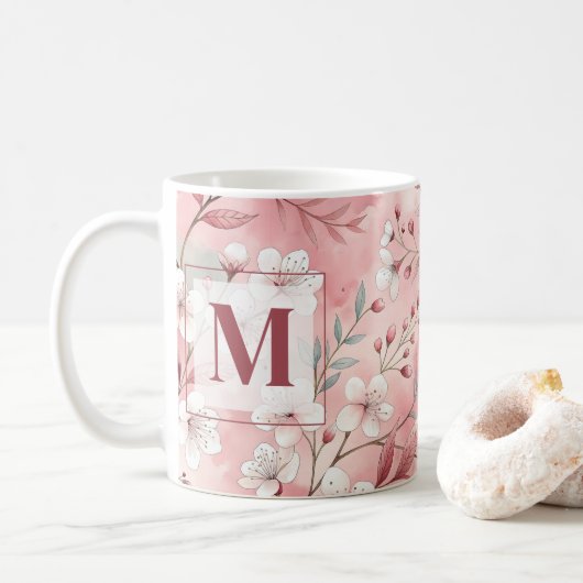 Pink cherry blossom monogram コーヒーマグカップ (ドーナツ)