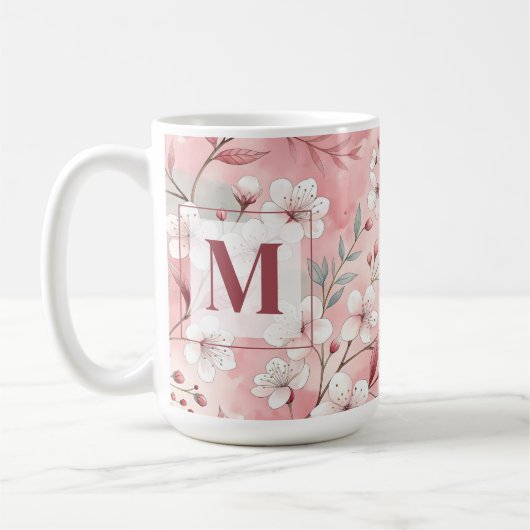 Pink cherry blossom monogram コーヒーマグカップ (左)