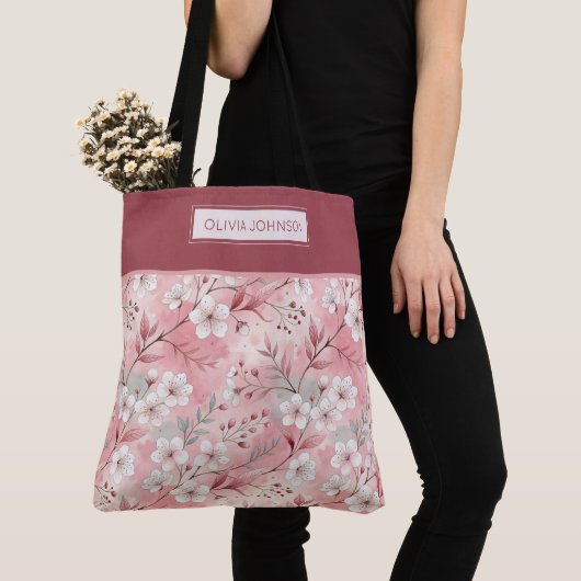Pink cherry blossom monogram トートバッグ (クローズアップ)