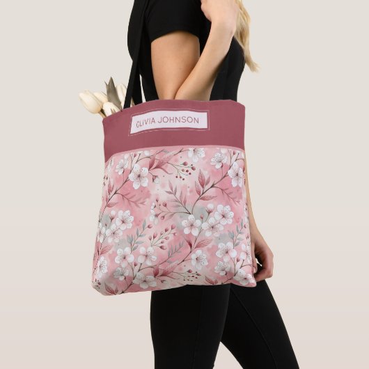 Pink cherry blossom monogram トートバッグ (クローズアップ)