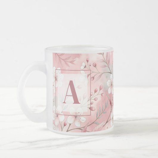 Pink cherry blossom monogram フロストグラスマグカップ (左)