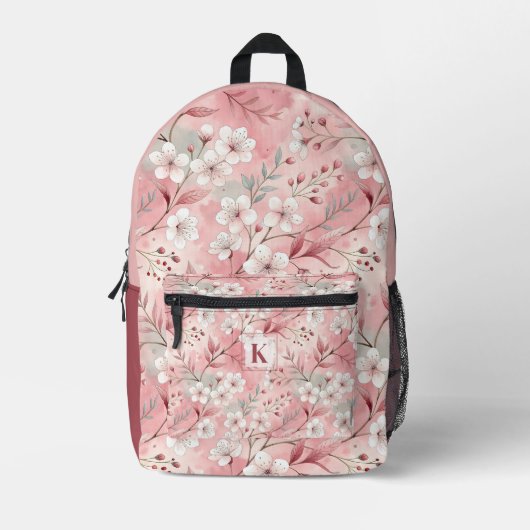 Pink cherry blossom monogram プリントバックパック (正面)