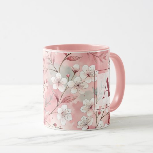 Pink cherry blossom monogram マグカップ (正面右)