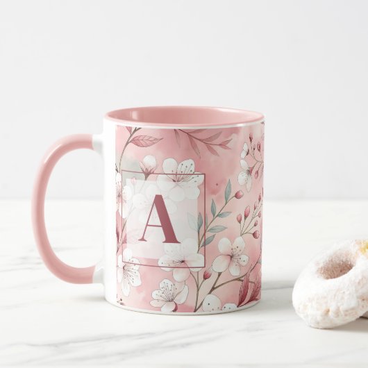 Pink cherry blossom monogram マグカップ (ドーナツ)