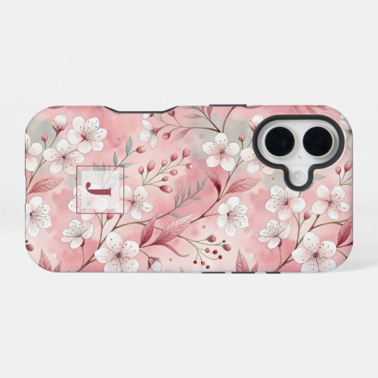 Pink cherry blossom monogram iPhone 16ケース (裏面横)
