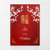 Pink Cherry Blossom Red | Photo Chinese Wedding 三つ折り招待状 (カバー)