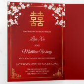 Pink Cherry Blossom Red | Photo Chinese Wedding 三つ折り招待状 (内部最初)