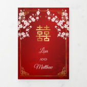 Pink Cherry Blossom Red | Photo Chinese Wedding 三つ折り招待状 (カバー)