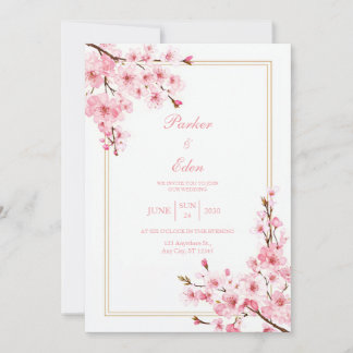 Pink Cherry Blossom Romantic Gold Frame Wedding 招待状
