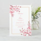 Pink Cherry Blossom Romantic Gold Frame Wedding 招待状 (スタンド正面)