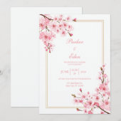Pink Cherry Blossom Romantic Gold Frame Wedding 招待状 (正面/裏面)