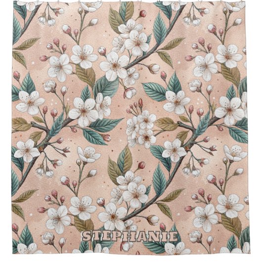 Pink Cherry Blossom Sakura Pattern on Pink (4) シャワーカーテン (正面)