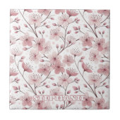 Pink Cherry Blossom Sakura Pattern on White (2) タイル (正面)