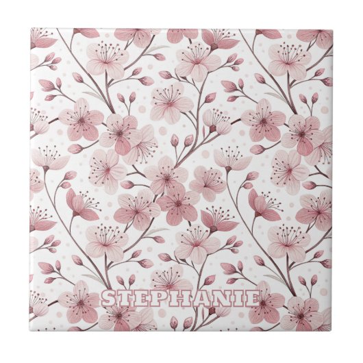 Pink Cherry Blossom Sakura Pattern on White (2) タイル (正面)