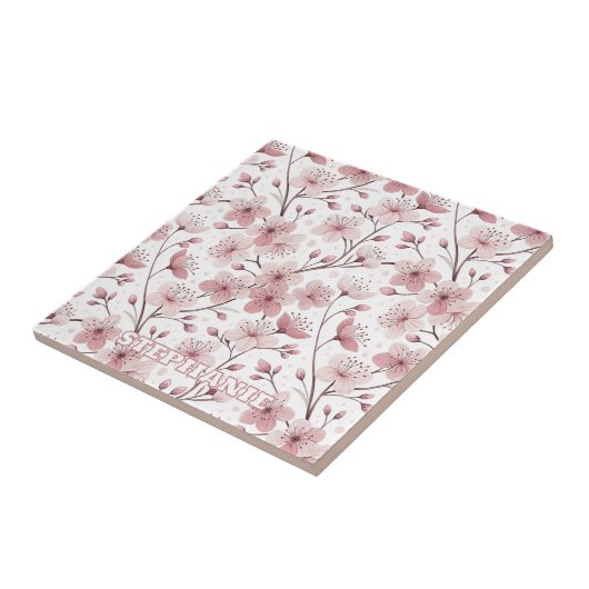 Pink Cherry Blossom Sakura Pattern on White (2) タイル (側面)