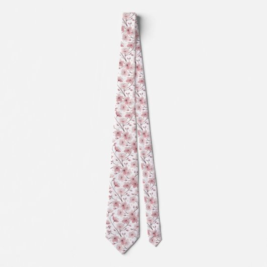 Pink Cherry Blossom Sakura Pattern on White (2) ネクタイ (正面)
