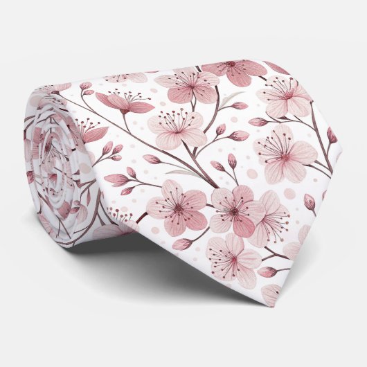 Pink Cherry Blossom Sakura Pattern on White (2) ネクタイ (ロール)