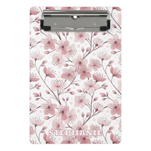 Pink Cherry Blossom Sakura Pattern on White (2) ミニクリップボード (正面)