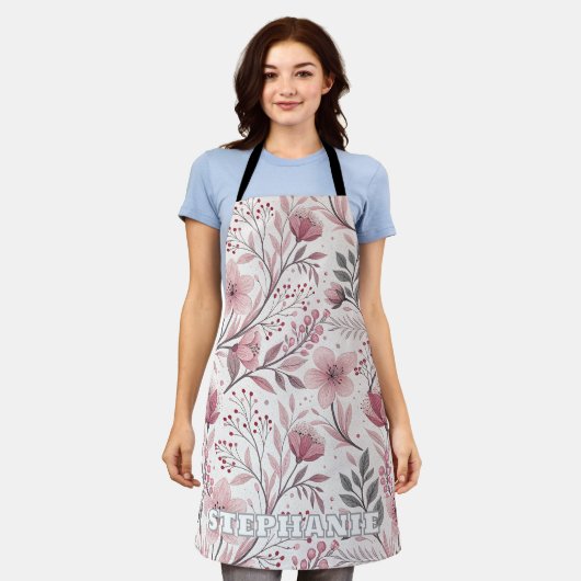 Pink Cherry Blossom Sakura Pattern on White (3) エプロン (着用した状態)