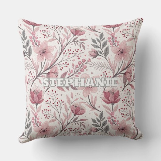 Pink Cherry Blossom Sakura Pattern on White (3) クッション (裏面)