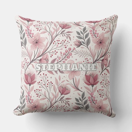 Pink Cherry Blossom Sakura Pattern on White (3) クッション (正面)