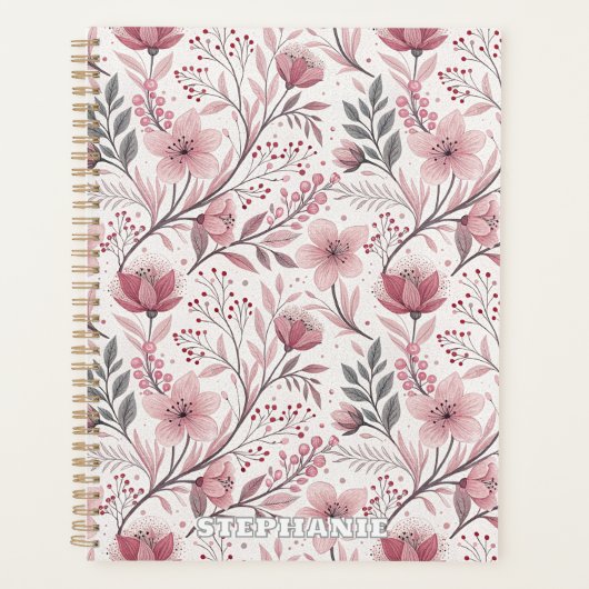 Pink Cherry Blossom Sakura Pattern on White (3) プランナー手帳 (正面)