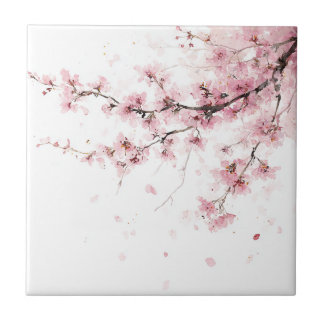 Pink Cherry Blossom Sakura Watercolor Floral タイル