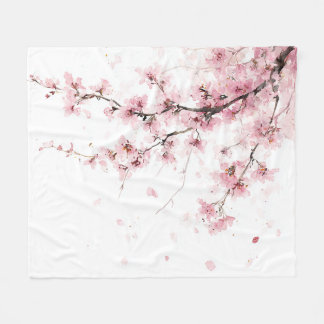 Pink Cherry Blossom Sakura Watercolor Floral Boho フリースブランケット