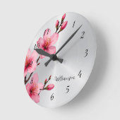 Pink Cherry Blossom Silver Foil Monogram ラウンド壁時計 (傾斜)