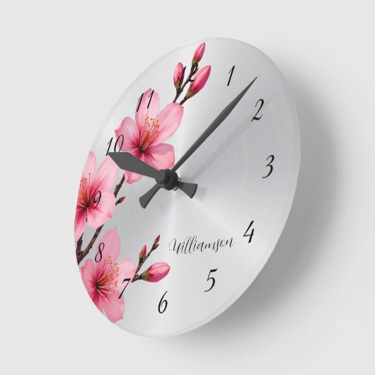 Pink Cherry Blossom Silver Foil Monogram ラウンド壁時計 (傾斜)