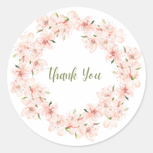 Pink Cherry Blossom Wreath Thank You Sticker ラウンドシール (正面)