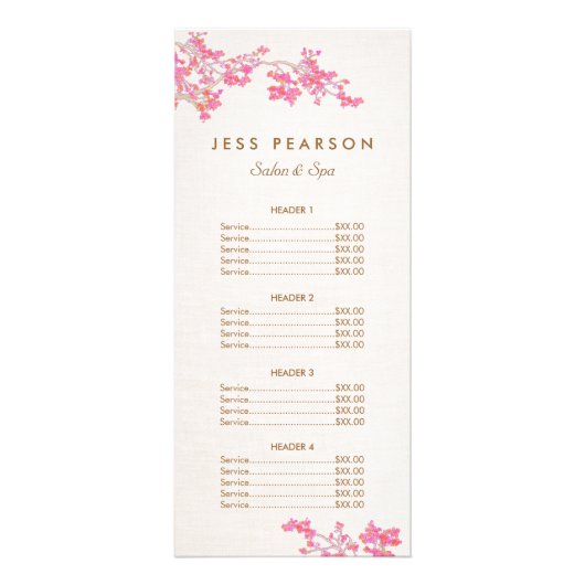 Pink Cherry Blossoms Beauty Salon Price List Menu ラックカード (正面)
