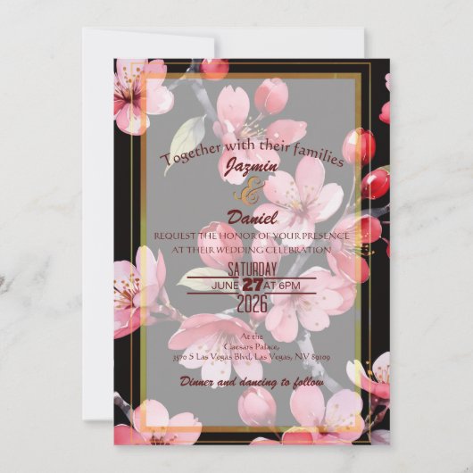 Pink Cherry Blossoms Black Backgroud Invitation 招待状 (正面)