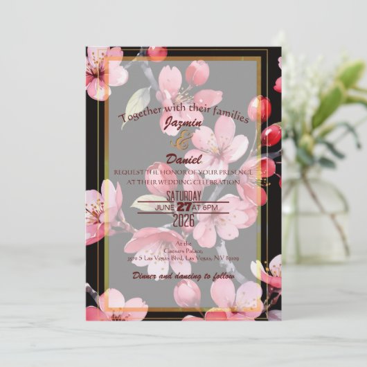 Pink Cherry Blossoms Black Backgroud  Invitation 招待状 (スタンド正面)