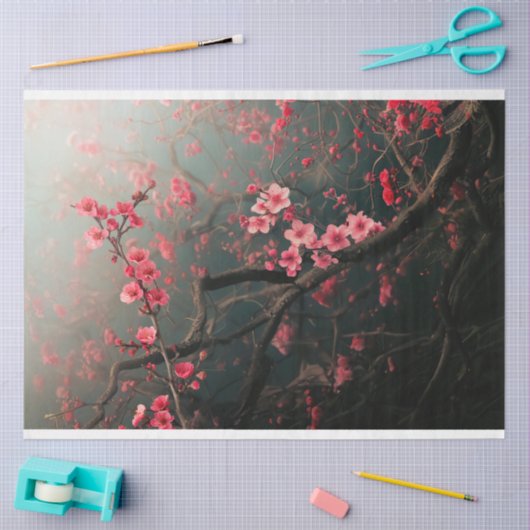 Pink cherry blossoms branches Ethereal 薄葉紙 (クラフト)