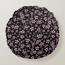 Pink Cherry Blossoms On Black ラウンドクッション