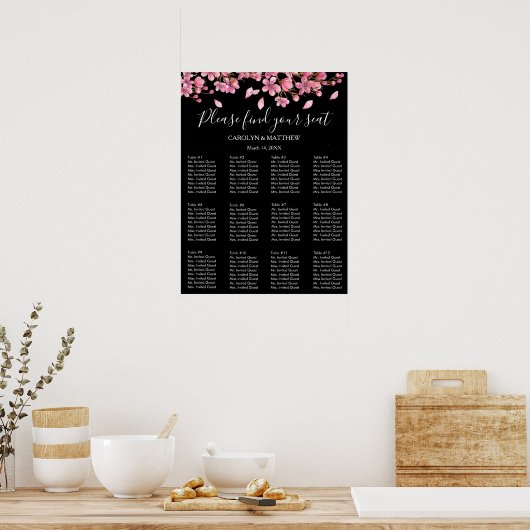 Pink Cherry Blossoms On Black Seating Chart ポスター (キッチン)