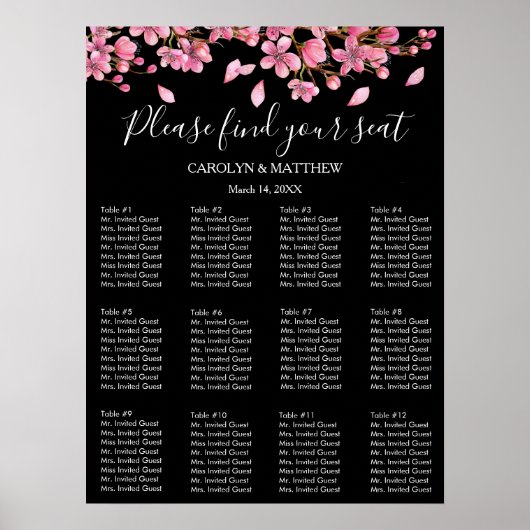 Pink Cherry Blossoms On Black Seating Chart ポスター (正面)