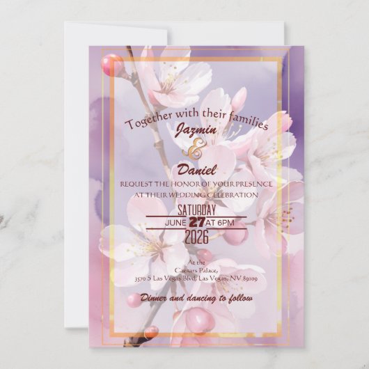 Pink Cherry Blossoms Pink- Lavender Invitation 招待状 (正面)