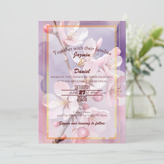 Pink Cherry Blossoms Pink- Lavender Invitation 招待状 (スタンド正面)