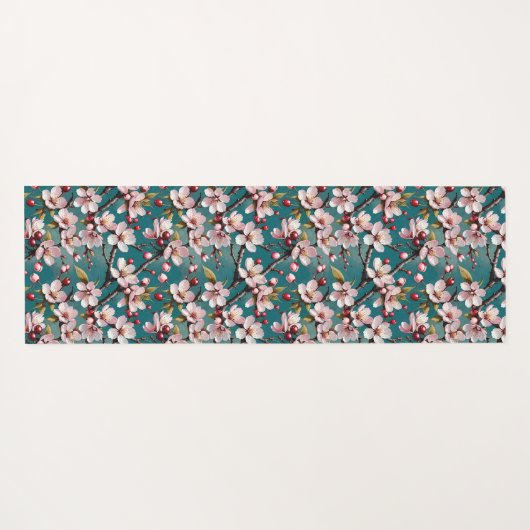 Pink Cherry Blossoms Teal Background ヨガマット (裏面(横))