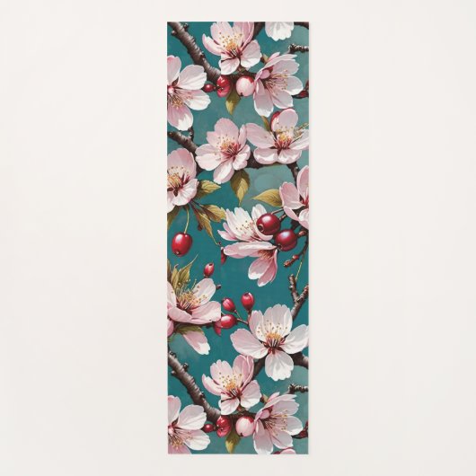 Pink Cherry Blossoms Teal Background ヨガマット (正面)